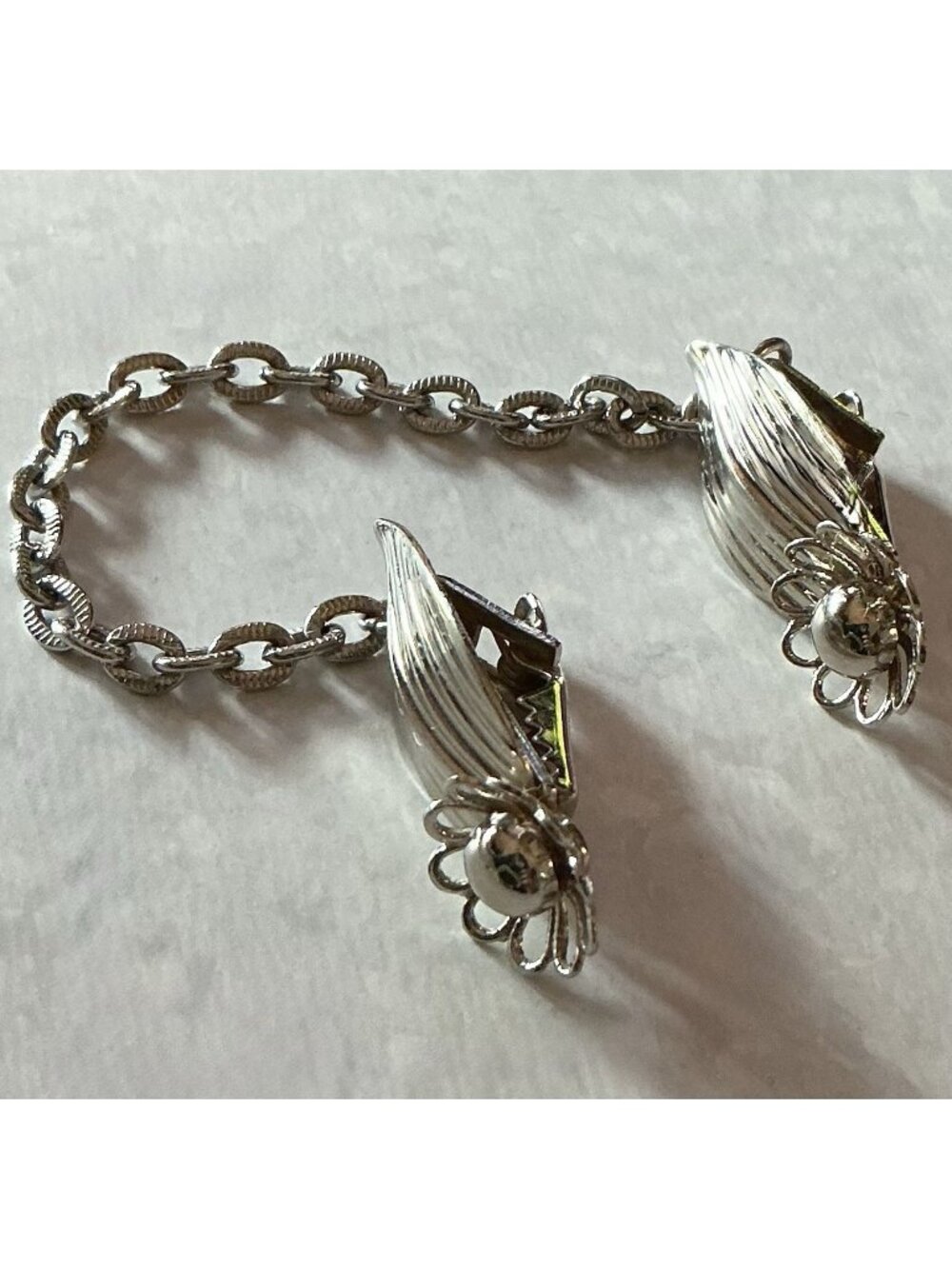 Vintage Sweater Clip Flower Leaf Brooch Silver Tone Chain 1950s